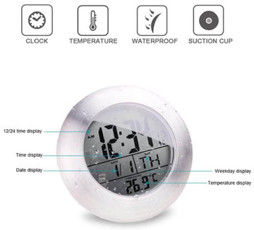 Emate Water Resistant LCD Bathroom Shower Clock Waterproof Digital Displays Time Date Week & Temperature with 4 Suction Cups Hanging Hole Aluminum Finish - Imported from UK